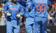 Ravi Chandran Ashwin, Suresh Raina & Mahindra Singh Dhoni Celebrates of wicket fall , India v Ireland, World Cup 2015, Group B, Hamilton, March 10, 2015 (2)