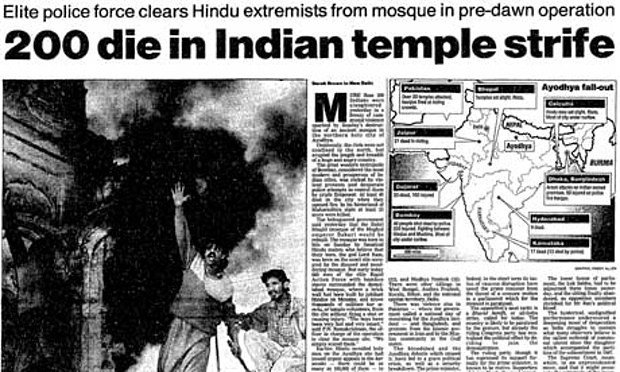 A newspaper report about Ayodhya riot after the mosque demolition Image courtesy: The Guardian